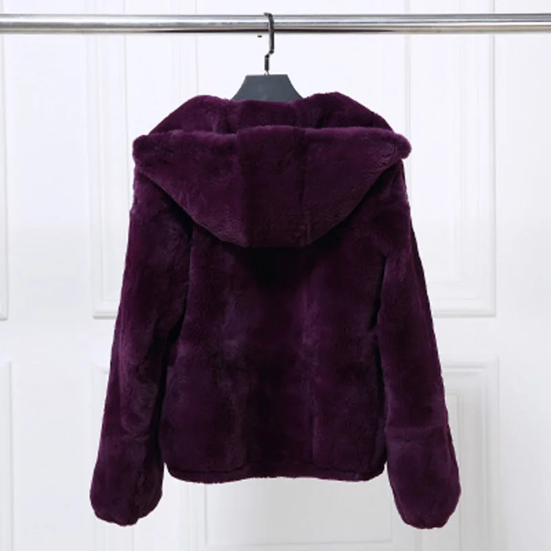 2018 Autumn winter natural rex rabbit fur coats outerwear women long sleeved real fur jackets woman short warm coat with hood