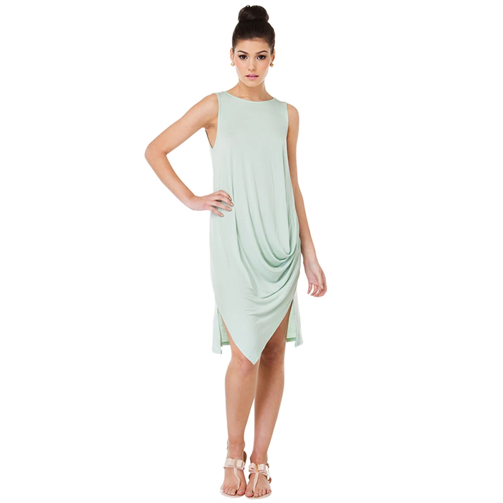 Solid Green Color Summer Women Sleeveless Dress Pleated Drape Loose
