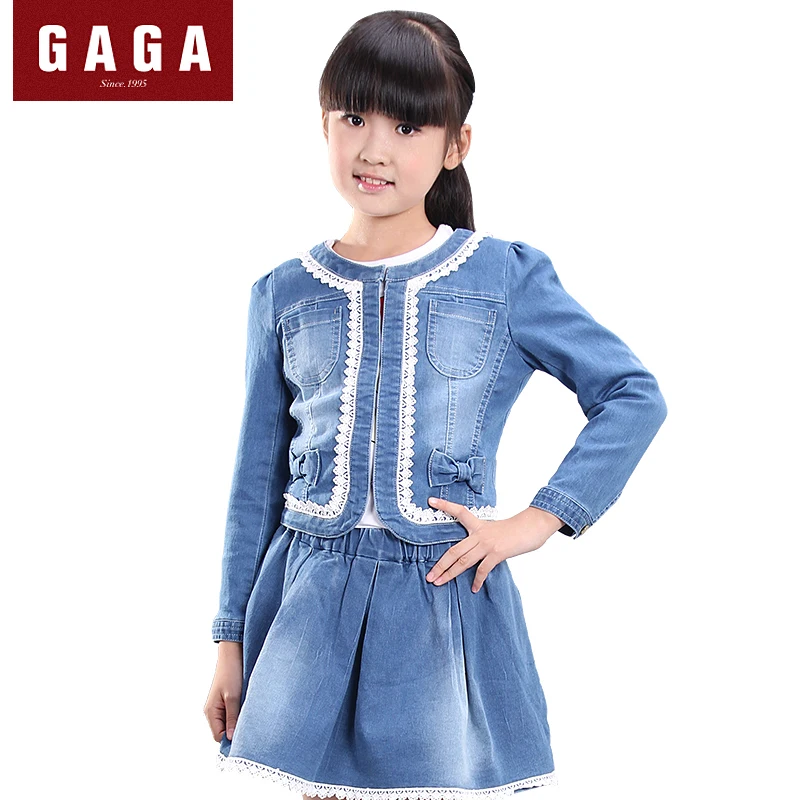 

GuaGuaEgg 2016 New Winter and Autumn Girls Sets Denim Bow  Coat + Skirt Elastic Waist High Quality Kids Clothes(2 Pieces / Set)
