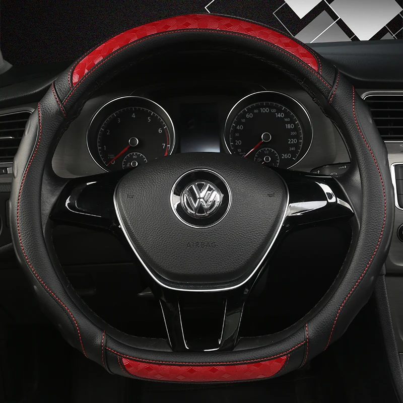 KKYSYELVA D Shape Auto Car Steering Wheel Cover Leather 38CM Steering-Wheel covers Interior accessories