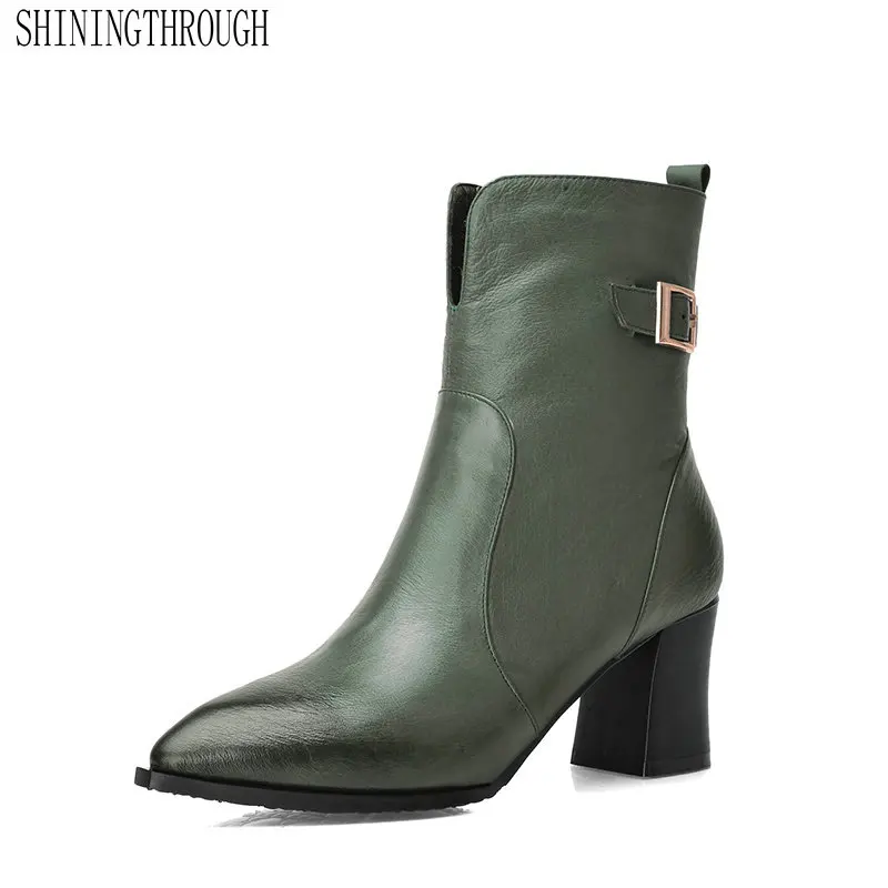 

Genuine Leather Ankle Zipper Women Boots Mixed Color High Heel Women Shoes Spring Round Toe Spring Autumn Party Ladies Shoes