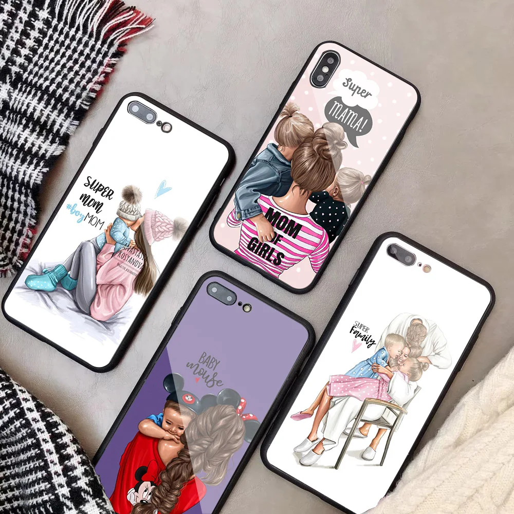 

Brown Hair Baby Mom Girl Queen For iPhone 6 6plus 7 plus 8 8plus 5 5S 5C SE For iPhone X XS XR XS Max Tempered Glass Phone Case