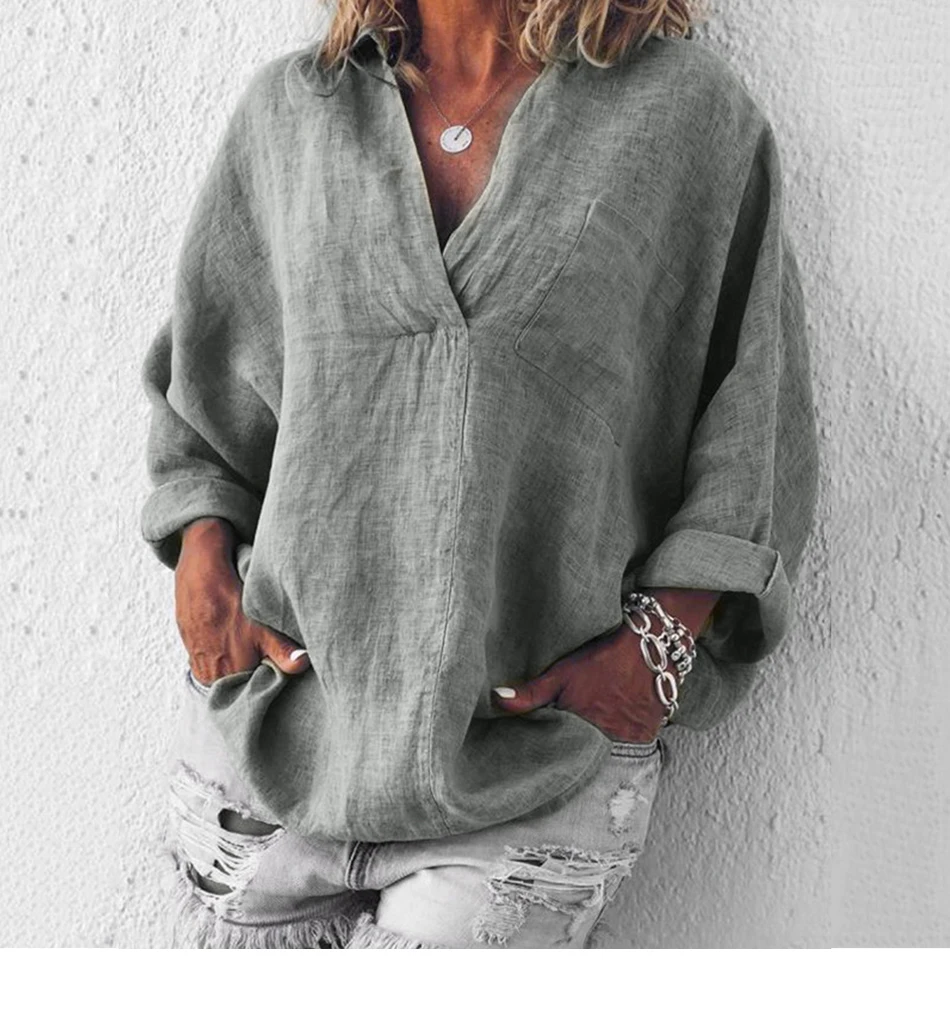 Loose Cotton Linen Female Tunic Casual Long Sleeve Plus Size Shirt Blouse Autumn Turn Down Collar Pocket Womens Tops And Blouses