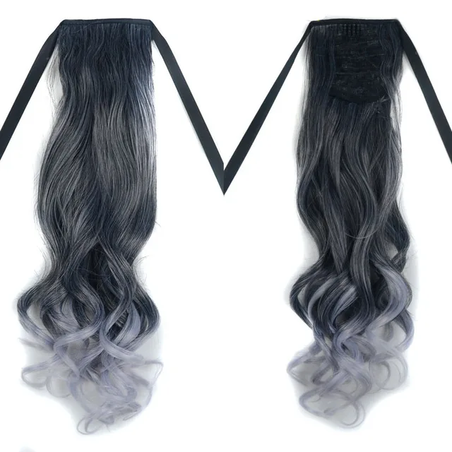 jeedou Black Gray Ombre Color Wavy Synthetic Ponytail Ribbon Drawstring