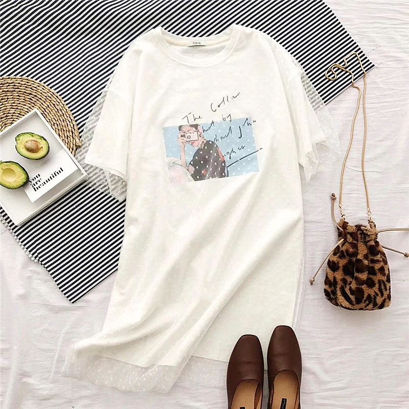 

Harajuku Kawaii Mesh Women Shirts Plus Size Cotton Sweet Lace Harajuku Shirt O-Neck Print Cotton Casual Shirt Women