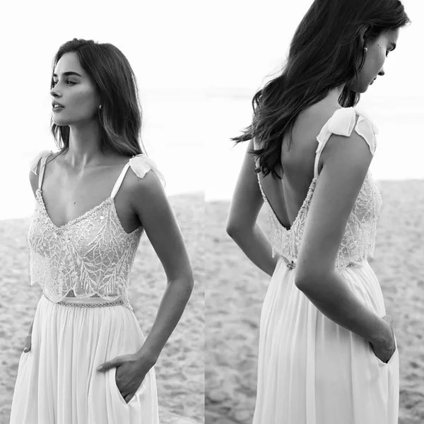 2016 Lace Boho Wedding Dresses Spaghetti Neck Bow Lihi hod Beads Backless Bride Gowns 2017-2018 Vintage Beach Chiffon Wedding Dress
