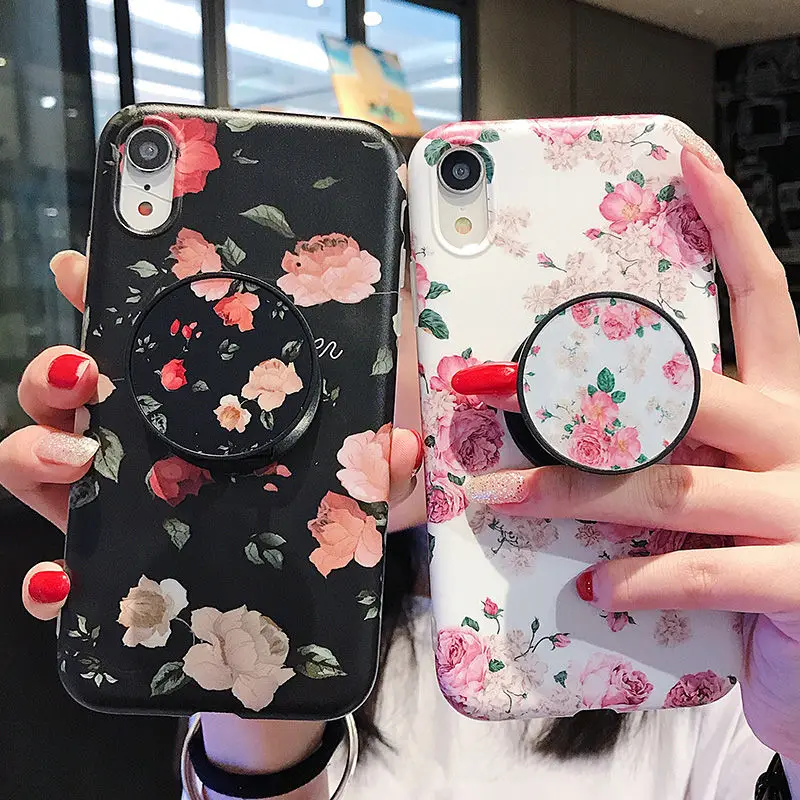 

Retro Art Flower Leaves Stand Holder Case For iPhone 6 6S 7 8 Plus X XS XR XM Soft IMD Vintage Floral Covers For iPhone 7 7 Plus