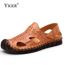 YIGER/ г. Новые мужские сандалии обувь для вождения отдыха из натуральной кожи, мужская пляжная обувь прошитая повседневная обувь без застежки с ремешком на щиколотке, 0102