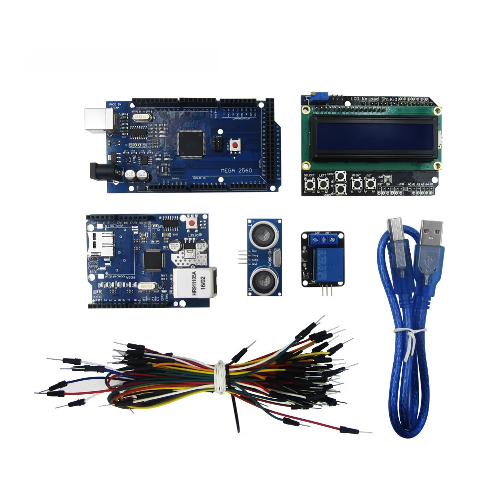 

Mega 2560 r3 kit + HC-SR04 +breadboard cable + relay module+ W5100 UNO shield + LCD 1602 Keypad shield