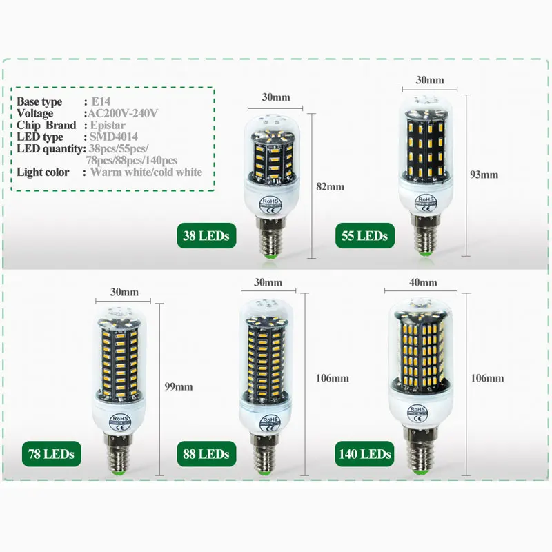 E14 светодиодный E27 Светодиодный Светильник Мозоли 220 V 4014SMD светодиодный кукурузная осветительная лампочка 38 55 78 88 140 светодиодная люстра в форме свечи bombillas светодиодный лампада освещение