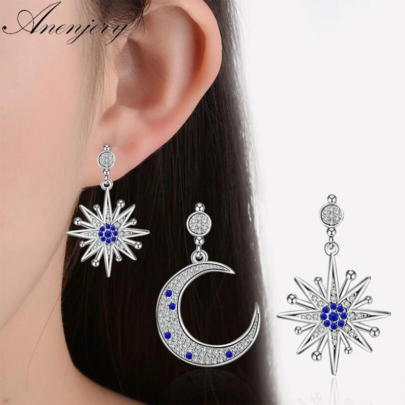 

Anenjery Luxury 925 Sterling Silver Earrings For Women Moon Star Micro Zircon Asymmetric Tassel Earrings oorbellen S-E545