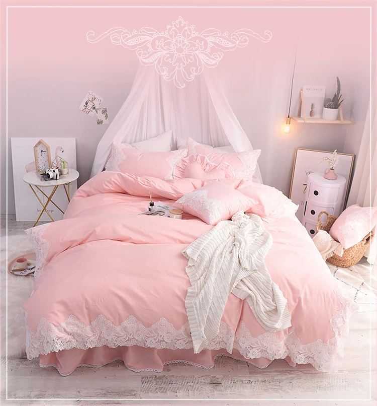 Принцесса Постельное белье 3/4 шт. розового и фиолетового цветов серый голубой цвет постельное белье с кружевным краем хлопок кроватные простыни для девочек Спальня