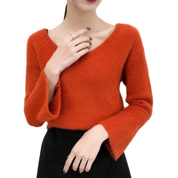 

Winter Sweater Women 2019 Autumn Mink Cashmere Pullovers Female V-Neck Loose Christmas Outerwear Fashion Elegant Sexy Tops D603