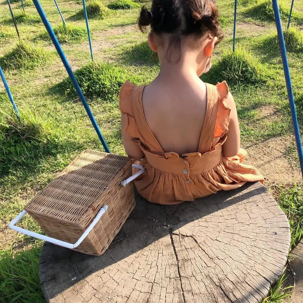 Children Cute Picnic Basket Kids Rattan Storage Basket Bag Box Hamper Shopping Vintage Basket with Lid and  for Camping Pets