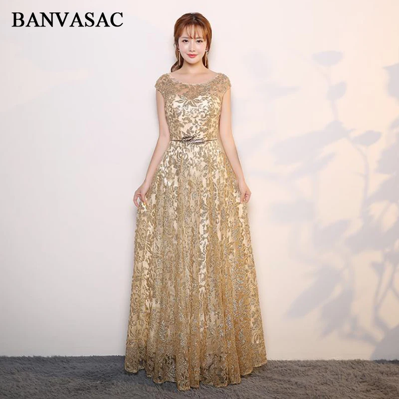 

BANVASAC 2018 O Neck A Line Sequined Leaf Sash Long Evening Dresses Party Lace Embroidery Backless Prom Gowns