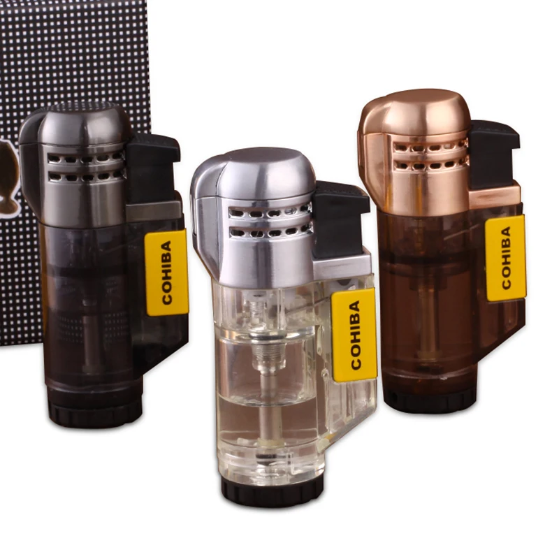 

COHIBA Gadgets Windproof 3 Torch Jet Flame Butane Gas Lighter Portable Transparent Plastic Metal Cigar Lighter with Gift Box