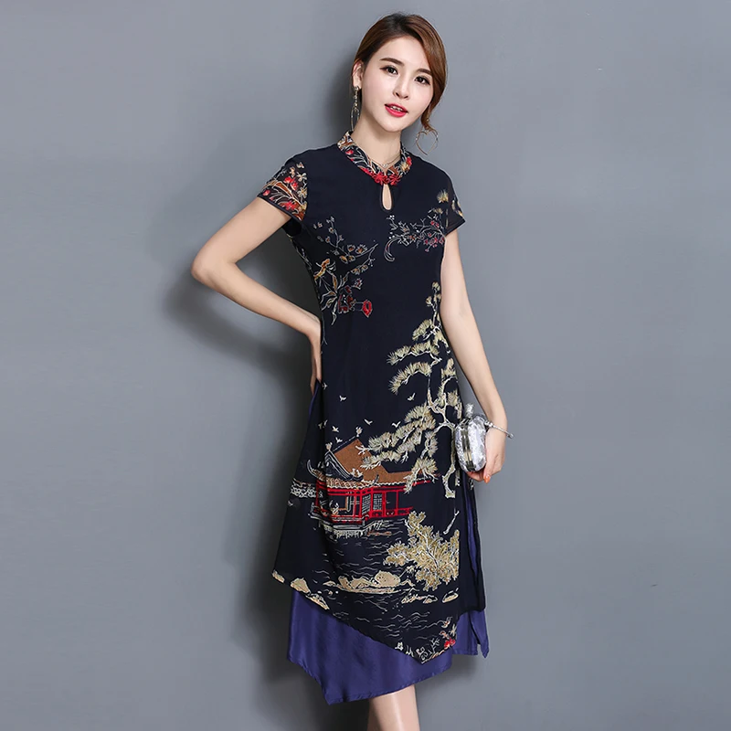 Sarikily китайский Стиль платье Qipao летние шорты рукавом Cheongsam Зеленый Красный