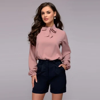 

Women's Chiffon Bowtie Blouse Long Lantern Sleeve Blouses Female Pink Purple 2020 Summer Autumn Casual Vintage Shirts 2XL