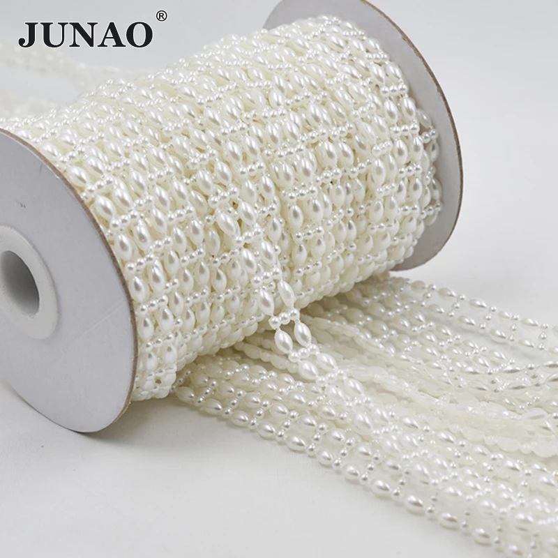 

JUNAO Ivory Beige Color ABS Pearl Beads Chain Trim Bridal Beads String Rhinestone Applique For Wedding Party Clothing Decorative