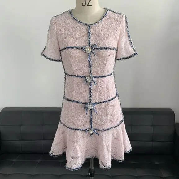 

Brand Fashion Women's High-end Luxury Summer Elegant Slim Bow Ruffled Short-sleeved Lace Dress