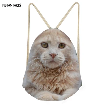 

INSTANTARTS Cute 3D Cat/Kitten Maine Coon Women Drawstrings Bags Softback Teen Girls Storage Backpacks Casual Travel Beach Bags
