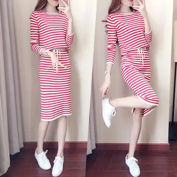 

Set Female 2018 Summer New Temperament Elegant Striped Long-sleeved Sweater + Long Skirt Fashion Casual Two-piece