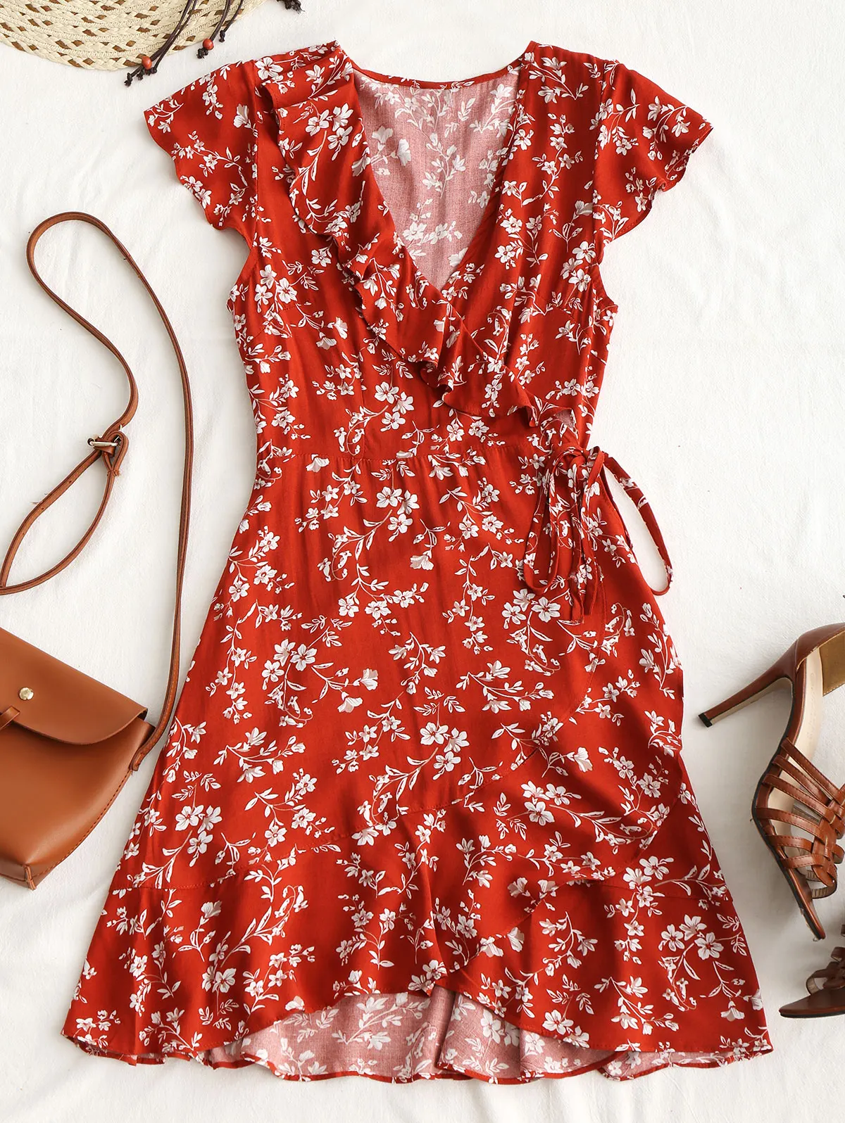 Wipalo Boho Summer Dress Tiny Floral Ruffle Wrap Mini Dress 2018 Women