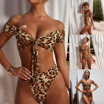 2019 Sex Leopard Women Bikini Thong Sexy Leg High Cut Bandage Push Up Swimsuit High Waist Off Shoulder Bathing Suit Swimwear