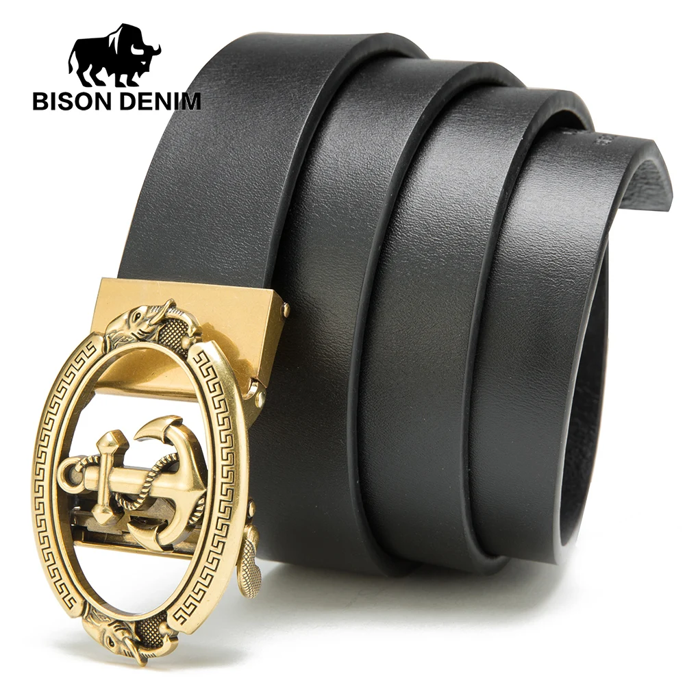 BISON DENIM Men/'s Belt Genuine Leather Anchor Automatic Buckle Men Belts Hollow