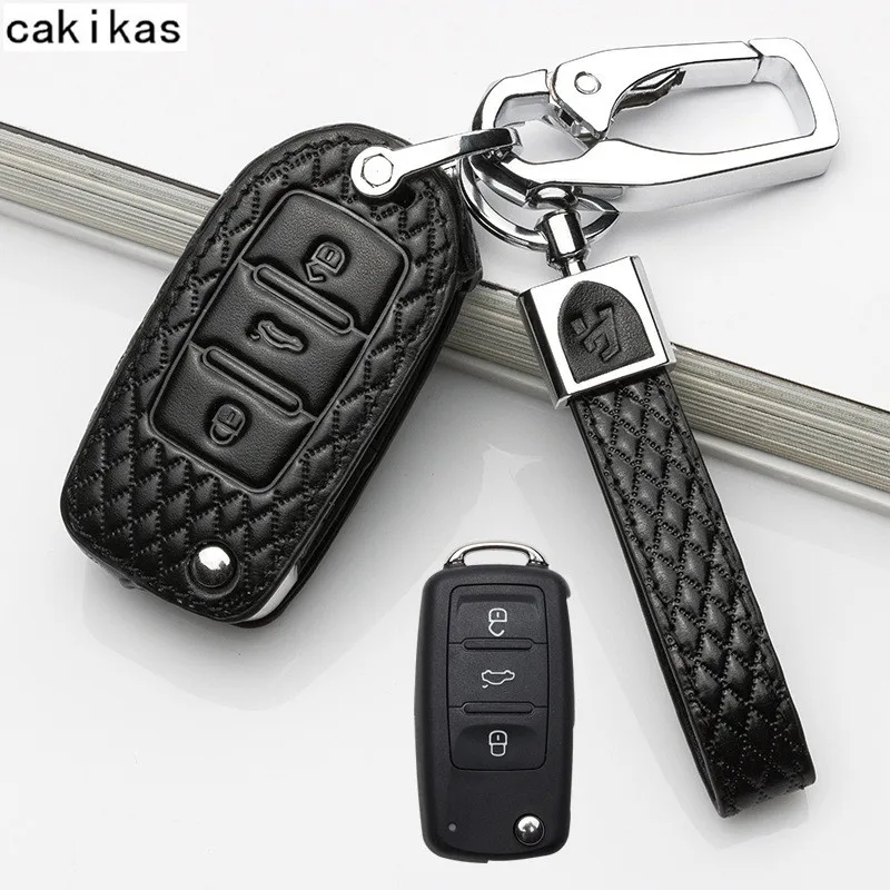 Чехол для ключей из натуральной кожи для VW Golf Jetta для Skoda роскошный Октавия Рапид для SEAT Leon Ibiza 3 Кнопка чехол для ключа - Название цвета: A Model Black