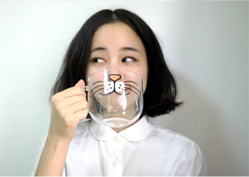 Hot sales 500ml Transparent Kawaii Glass Cup Cute Mug Cat Beard Pattern Beer Glass Funny Glass Tea Milk Water Cup Coffee Mug12