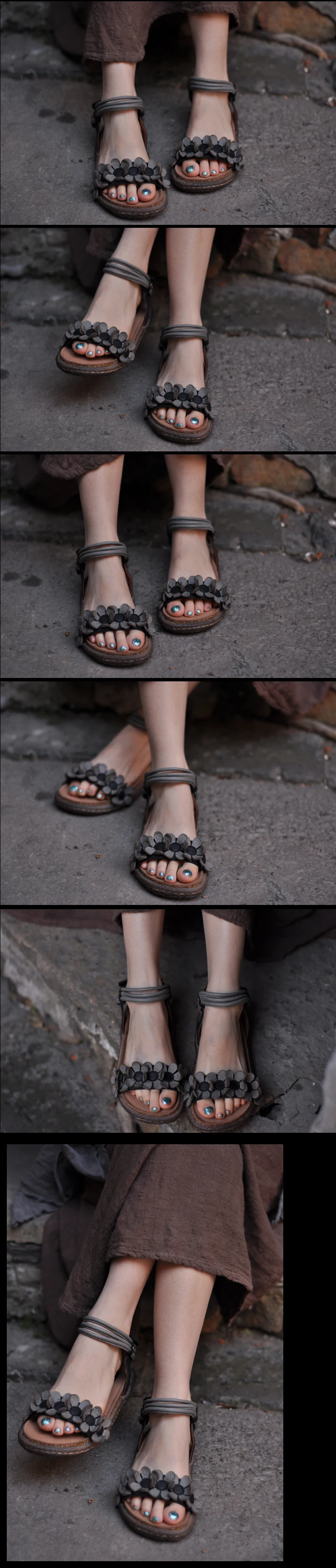 Artmu/сандалии ручной работы из натуральной кожи с цветочным принтом; удобные женские сандалии ручной работы на плоской подошве; 813-16