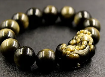 

14mm Natural Gold Obsidian Gemstone Bracelet Pi Xiu Pendant Round Beads Stretch Bracelets Man Lady Best Gift AAAAA