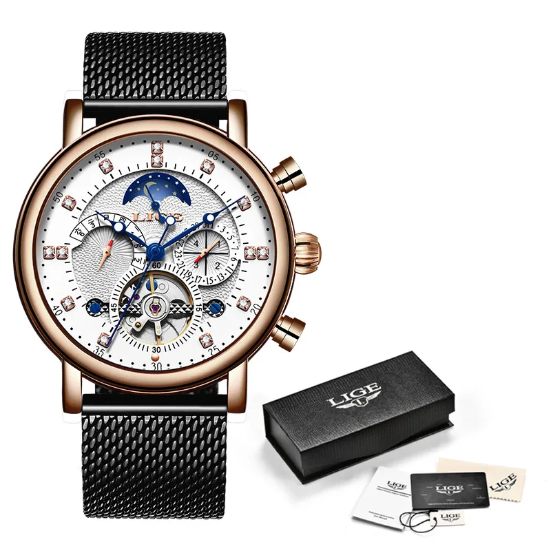 M Rose Gold White NewLIGE Tourbillon Мужские часы модные деловые автоматические механические часы мужские повседневные кожаные водонепроницаемые часы Relogio Masculino - Цвет: M Rose Gold White