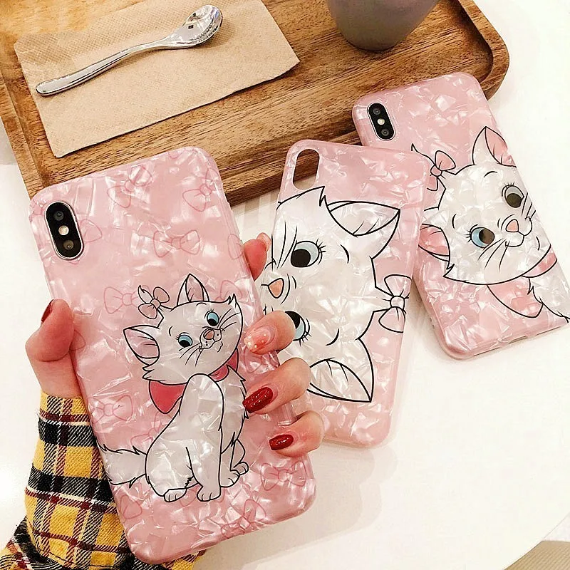 

HERONSWING Cute Cat Pink Marie Conch Shell Phone Case For iphone 7 Case XS MAX XR X 6 6s 8 Plus Marble Texture Soft Glossy Cover
