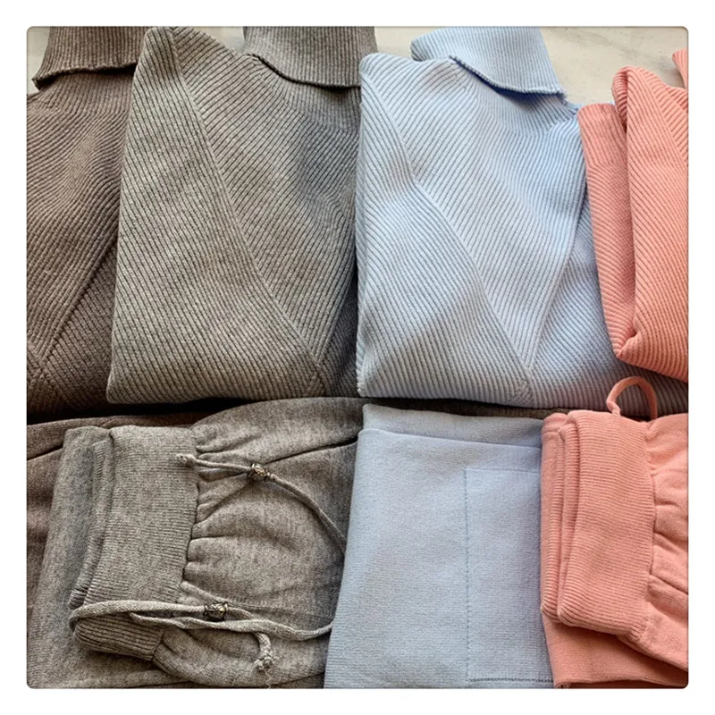 Suit 2019 Leisure Women's sky pink Feminino Blue Fashion Tracksuit Spring Women Knitted piece Khaki Korean Suits Pullover Sweater Two gray Conjunto For XwX4Bq