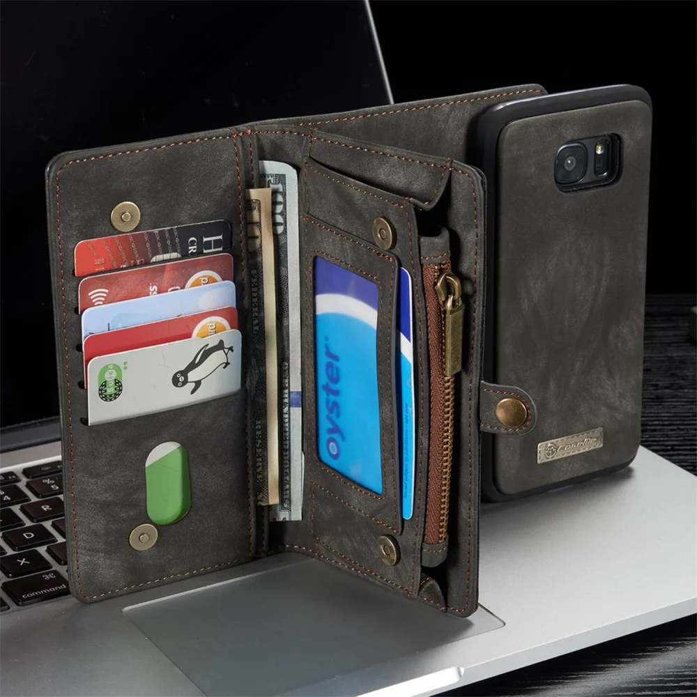 

Phone Case For Samsung Galaxy S7 S7 Edge Genuine Leather Zipper Multifunction Wallet 2 In1 Design Phone Full Cover Case