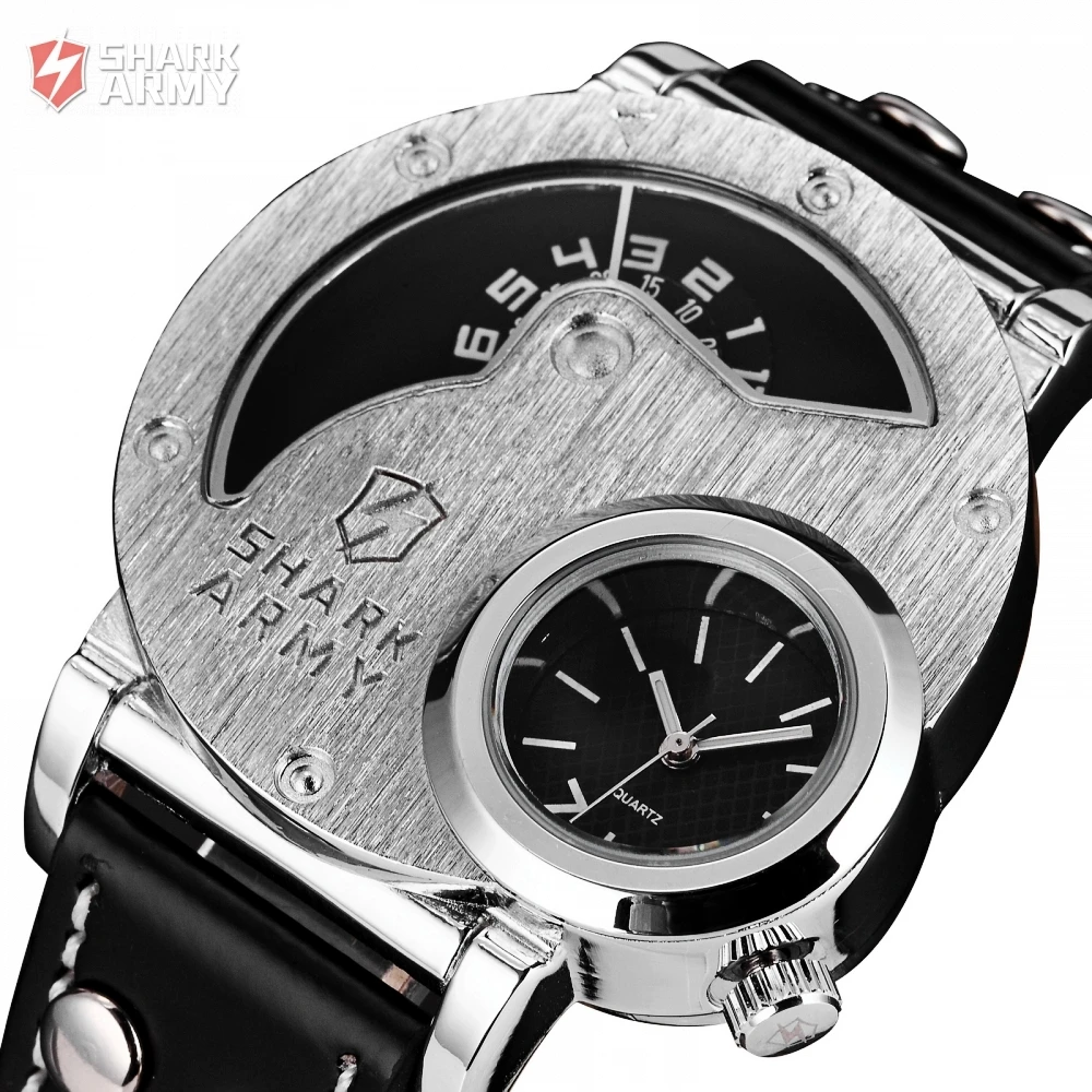 SHARK ARMY Stainless Steel Big Size Dual Time Black Leather Strap Quartz Relogio Masculino Men's Sport Military Watches /SAW053