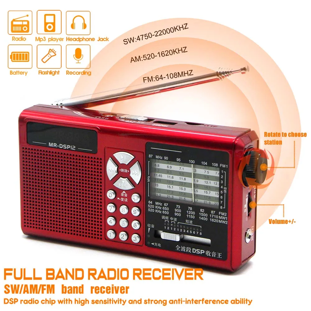 JINSERTA мини FM AM SW радио портативный полный диапазон приемник с фонариком функция записи Поддержка TF карты U диск играть