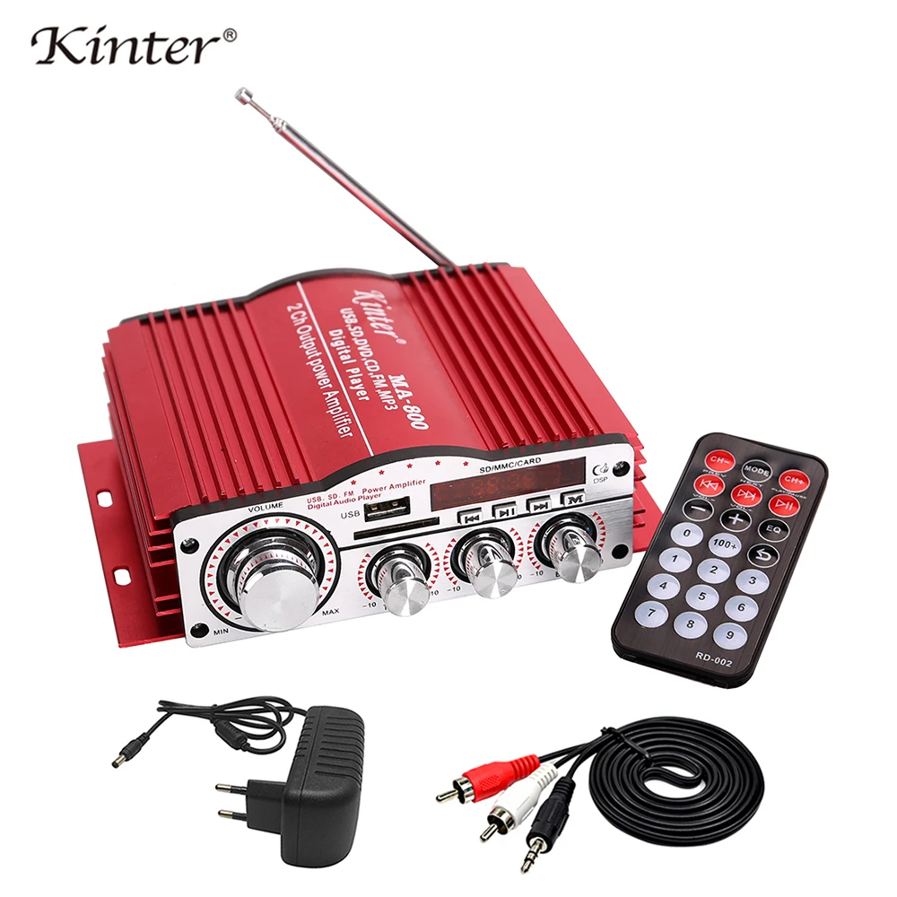 

Kinter MA-800 Audio Amplifier 2 channel 25W DC12V 3A Adapter RCA cable SD USB input FM radio play stereo sound use in home ca