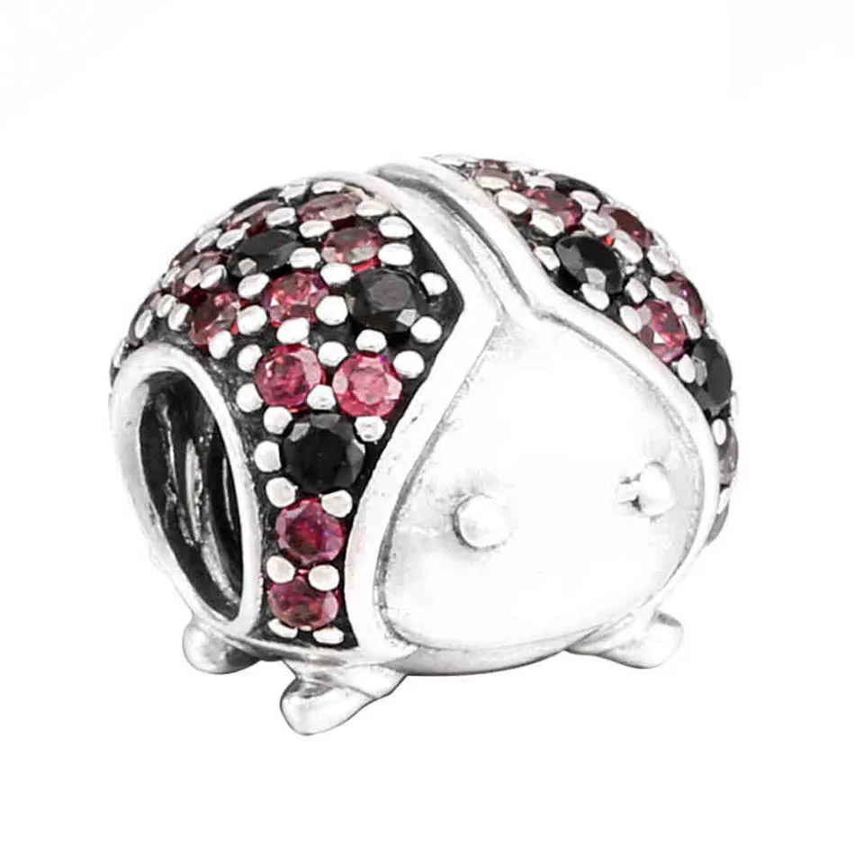 

925 Sterling Silver Charm Pave Ladybird With Red And Black Crystal Charms Fit Women Pandora Bracelet Bangle DIY Jewelry