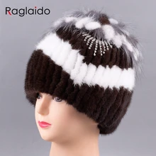 Raglaido Для женщин вязаной норки Мех Шапки+ Лисий мех цветочный топ с бриллиантом Новинка года русский Натуральный мех шапка handsewing шапочки LQ11231