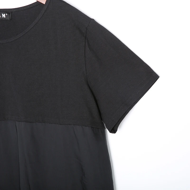 [EAM] Новое весенне-летнее платье с круглым вырезом и коротким рукавом, Черное длинное плиссированное платье свободного кроя, женское модное платье F55