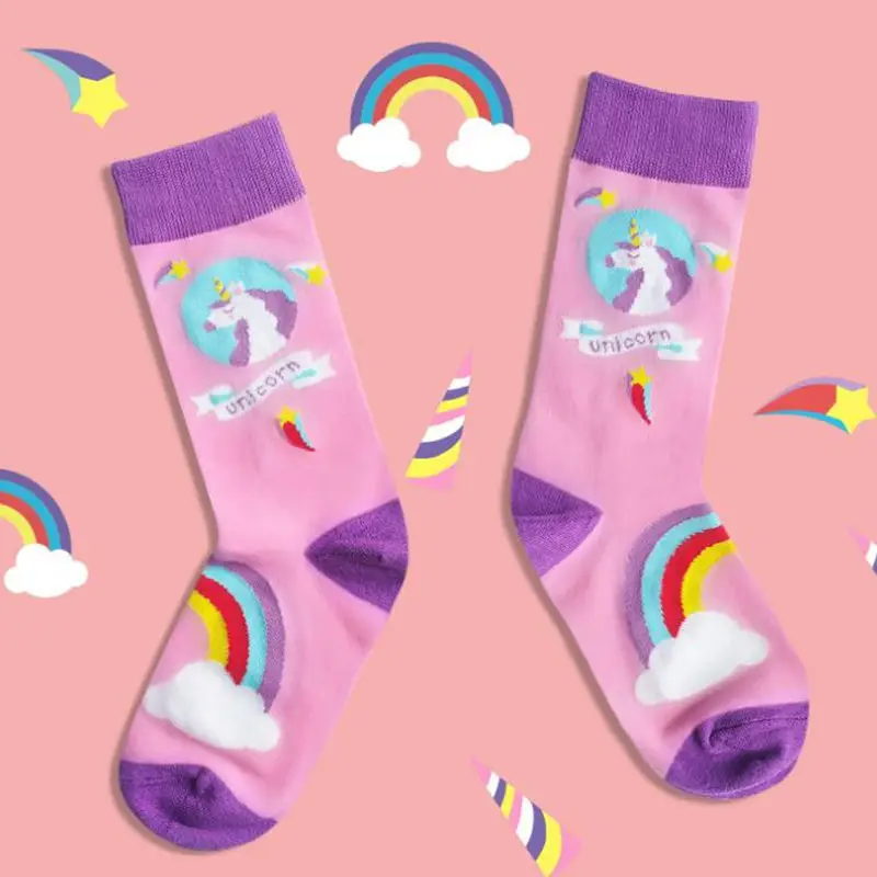 

Winter Cotton Socks Women Japanese Harajuku design Unicorn space art socks Cute funny socks cozy short socks calcetines pink