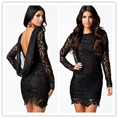 2017 autumn Black vestido floral Crochet backless dress Lace Long Sleeve Vintage Formal cocktail party women's winter dresses