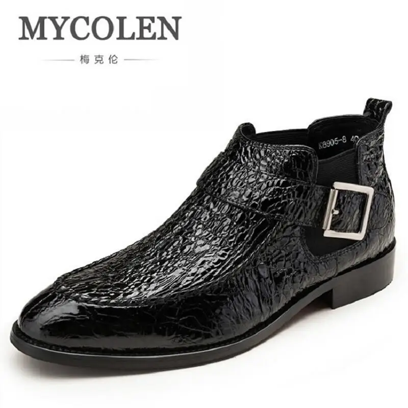 

MYCOLEN Men Winter Boots Genuine Leather Ankle Boots Pointed Toe Buckle Strap Cowhide Brand Men Boots Botas Hombre