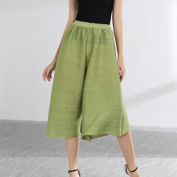 

Miyake Fold Pp Series Basic Seven-cent Broad-legged Pants Pleats Trousers Summer Leisure Women