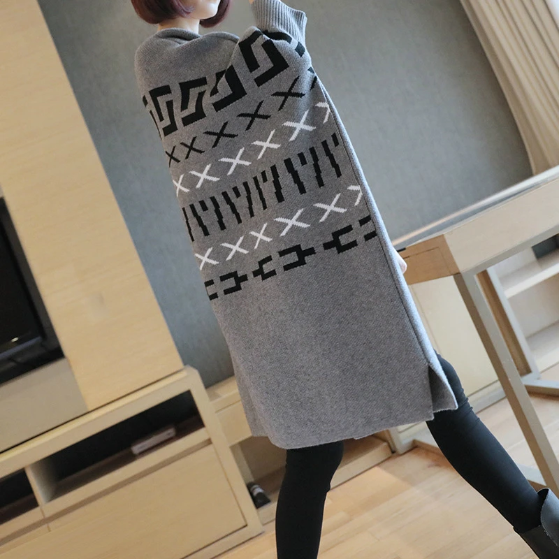 Print Casual Knitting Long Cardigan Female Loose Cardigan Knitted Jumper Warm Winter 2018 Sweater Women Cardigan Large Size
