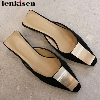 

Lenkisen 2019 hot selling full grain leather slip on mules metal decoration chunky med heels square toe concise design pumps L11