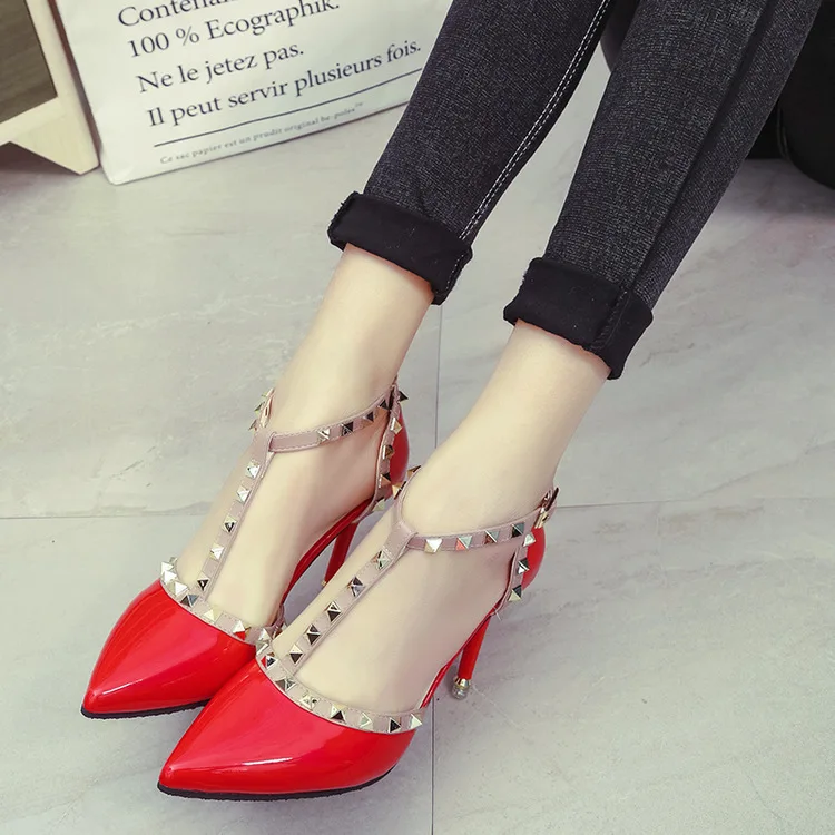 

UNIQUE GIRLNew Women Pumps Summer Fashion Sexy Rivets Pointed Toe Wedding Party High Heeled Shoes Woman Sandals Zapatos Mujer